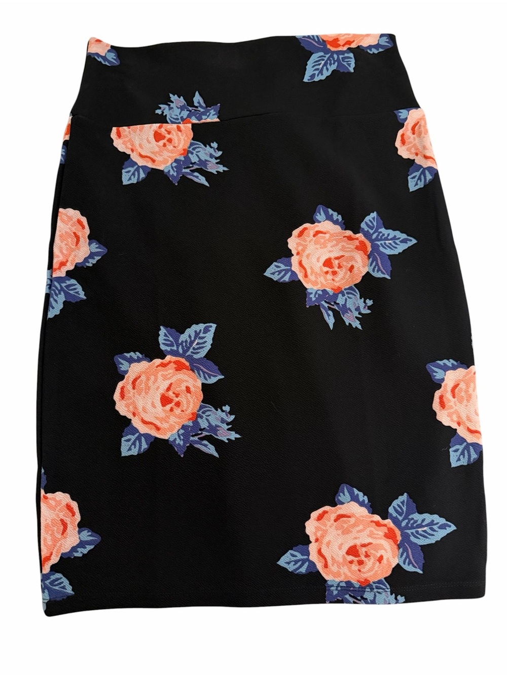 LuLaRoe Black Pencil Skirt with Coral Rose Print